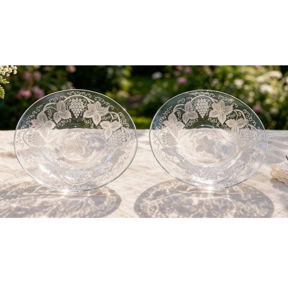 Blown Glass Grapes & Leaves Serving Bowls, Set of 2, Frosted Chablis Pattern